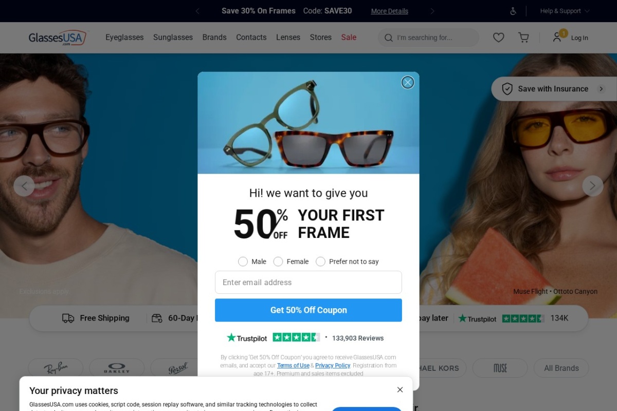 Screenshot of glassesusa.com