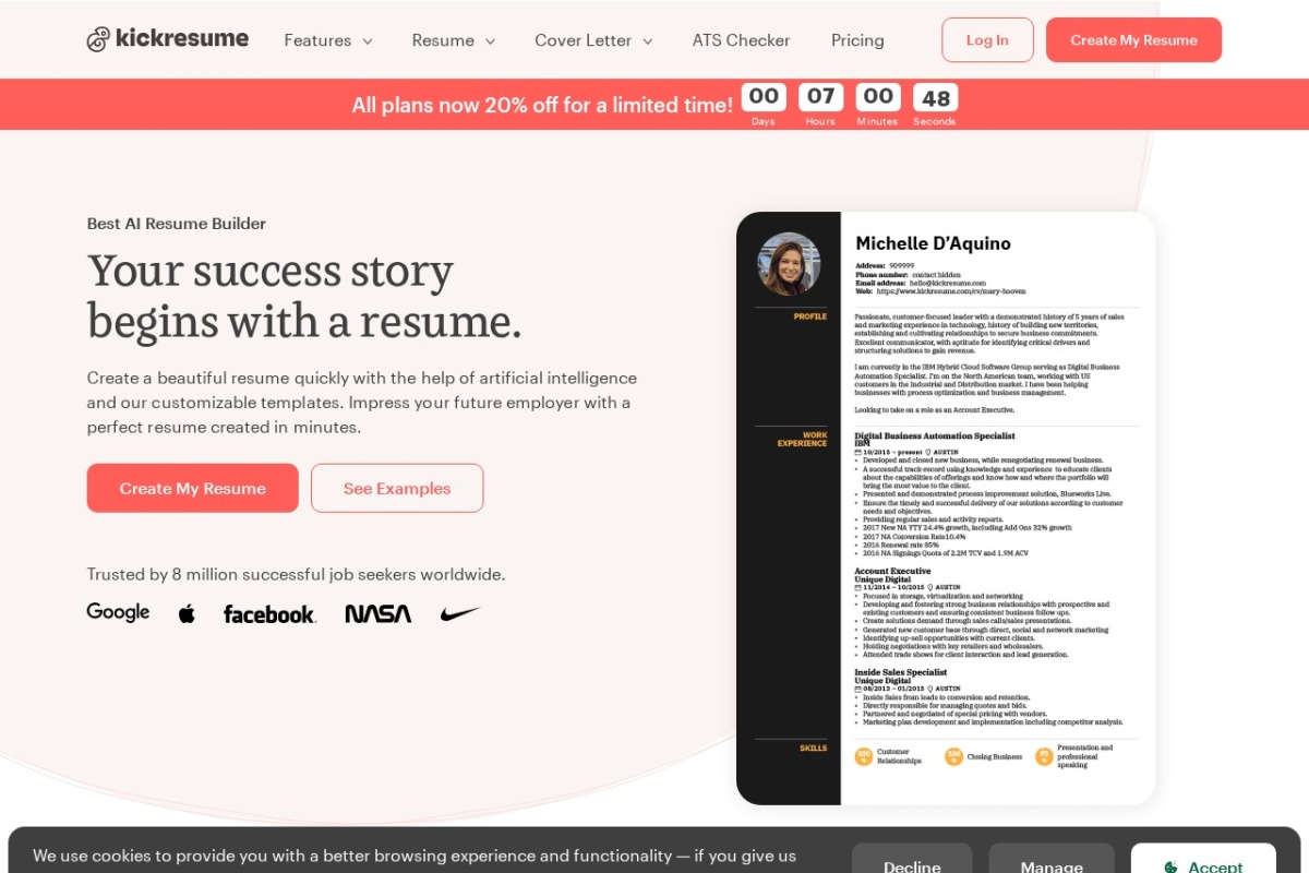 Screenshot of kickresume.com