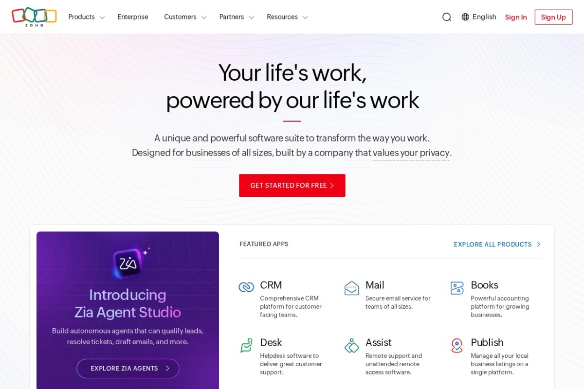 Screenshot of zoho.com